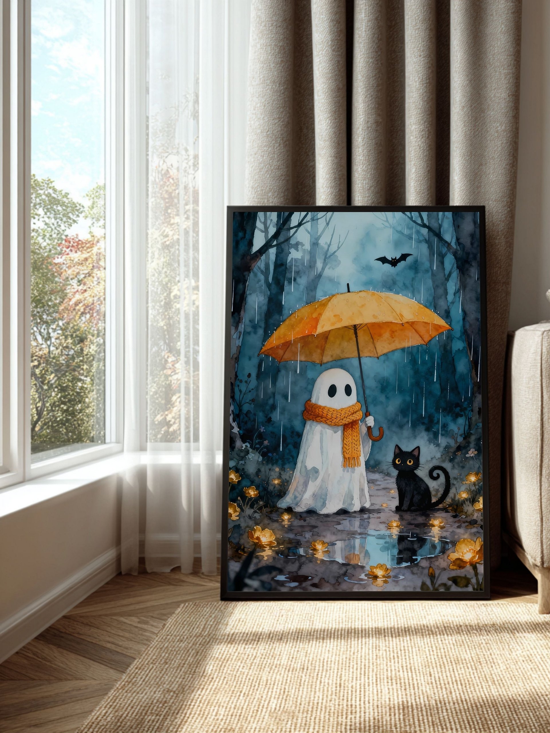 Watercolor Ghost & Black Cat Wall Art | Rainy Forest Umbrella Illustration | Printable Digital Art in Multiple Sizes product image (8)