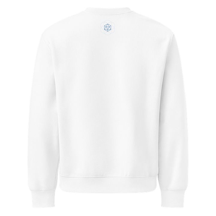White Sweater – Blue Icosahedron (Centered Front & Upper Back Print) product image (2)