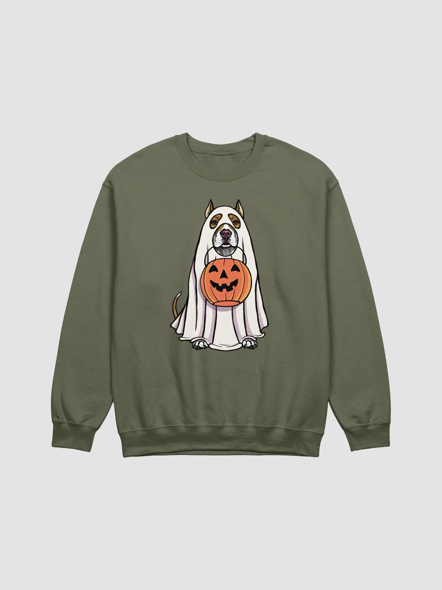 Funny Halloween Pitbull Terrier(Cropped Ears, Brindle) Sweatshirt | Funny Pittie Wearing a Ghost Costume and Holding a Pumpkin Basket product image (17)