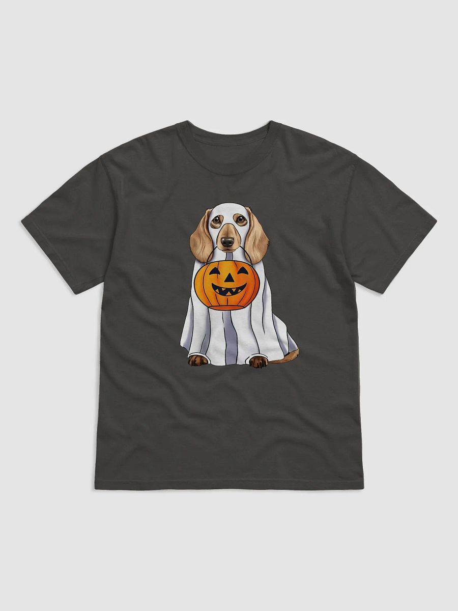 Dachshund(Longhaired) Halloween Tee | Funny Halloween Wiener/Doxie Wearing a Ghost Costume with Pumpkin Basket product image (7)