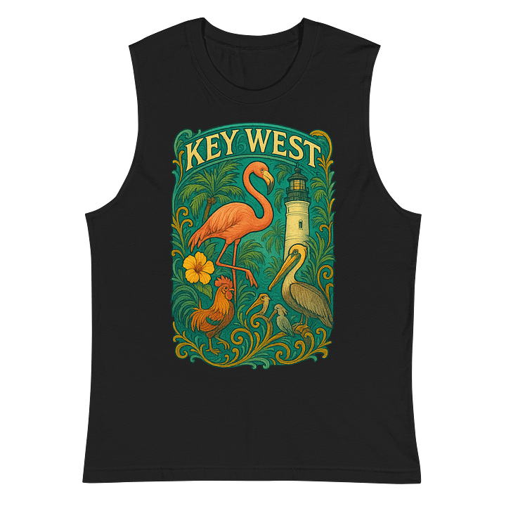 Key West Tropical Men's Tank Top with Flamingo, Pelican, Rooster, Lighthouse, and Hibiscus product image (2)
