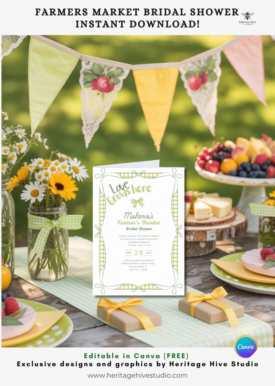 Farmers Market Bridal Shower Invitations | Instant Download | Bows Lime Gingham product image (2)