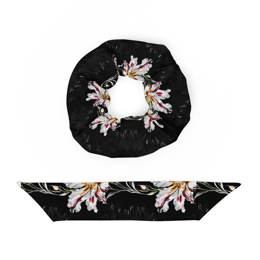 Hair Scrunchie - Painted Pink Flowers on a Black Background product image (4)