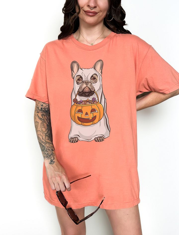 French Bulldog(Blue) Halloween Tee | Funny Fall Halloween Frenchie Wearing a Ghost Costume with Pumpkin Basket product image (11)