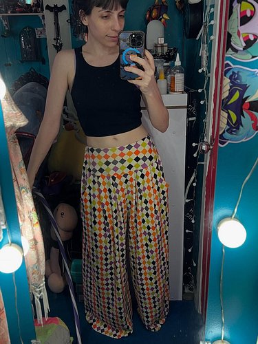 I have so much of this harlequin fabric that I made a new pair of pants. These are actually a mockup before using the fabric ...