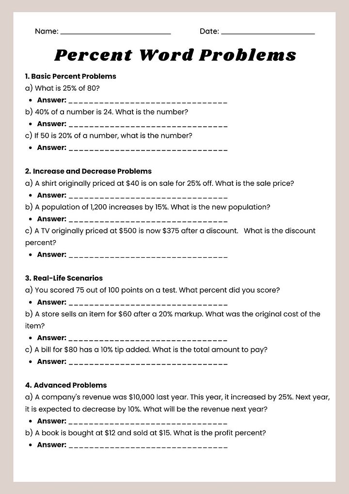 Percent Word Problems Worksheet product image (1)