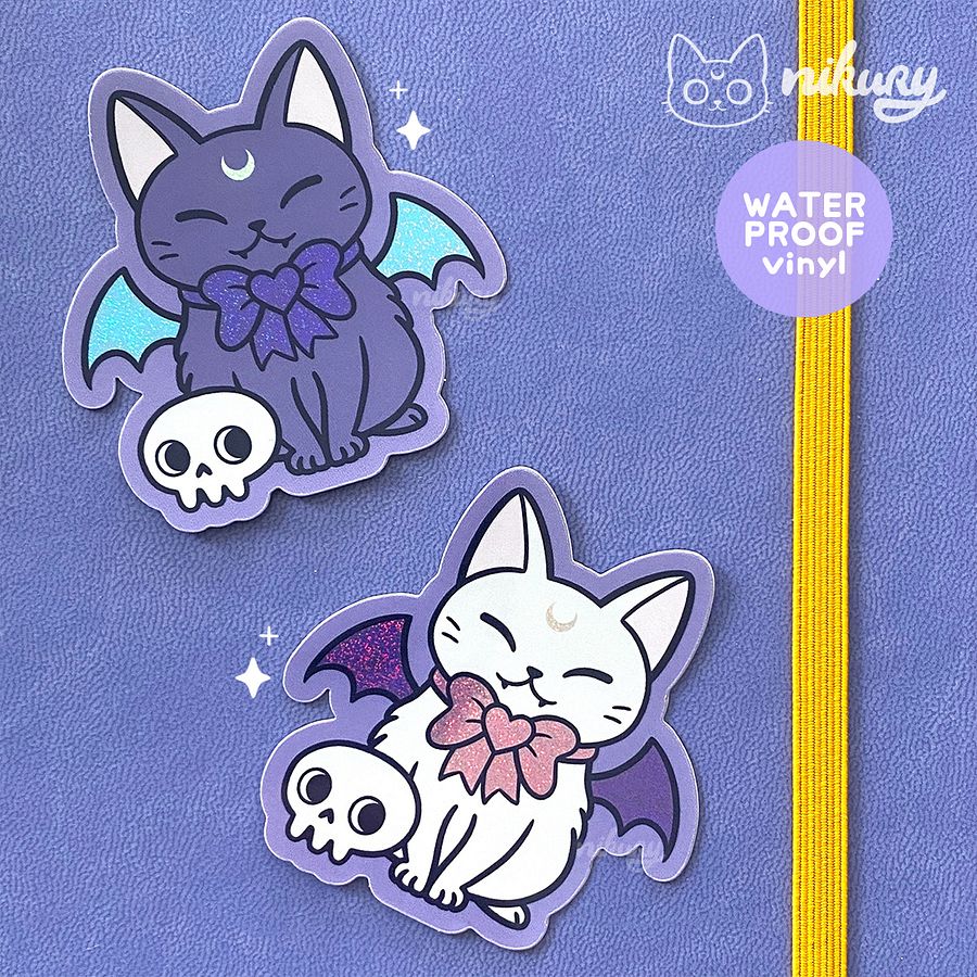 Spooky Cute Bat Cat Glitter Vinyl Stickers product image (3)