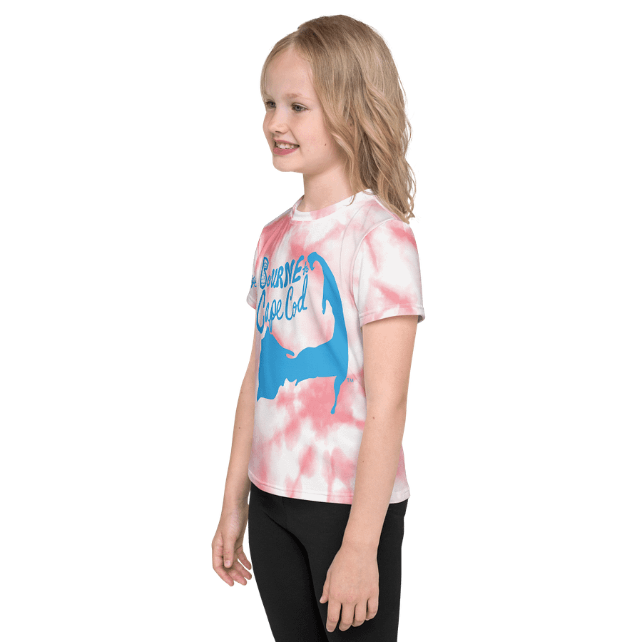 Girls' | Little Kids T-Shirt | BOURNE to Cape Cod™ | Front & Sleeve Logo | BRN.2C.C.™ Back Graphic | Vibrant Coastal Tee for Kids | Blue Logo on Pink Tie-Dye product image (3)