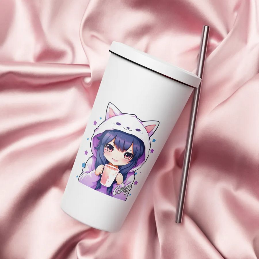 Cozy Kawaii Anime Girl 20 oz Tumbler Cup - White - Insulated Tumbler with a Straw product image (4)