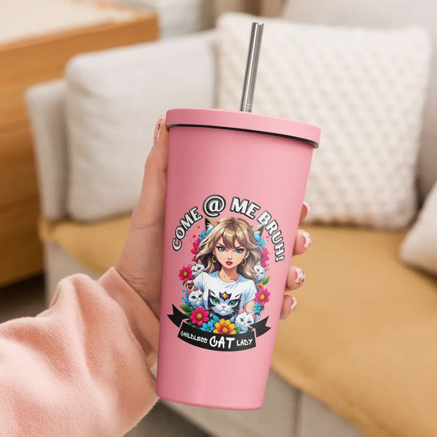 Childless Cat Lady 20 oz Tumbler Cup - Pink - Insulated Tumbler with a Straw product image (3)