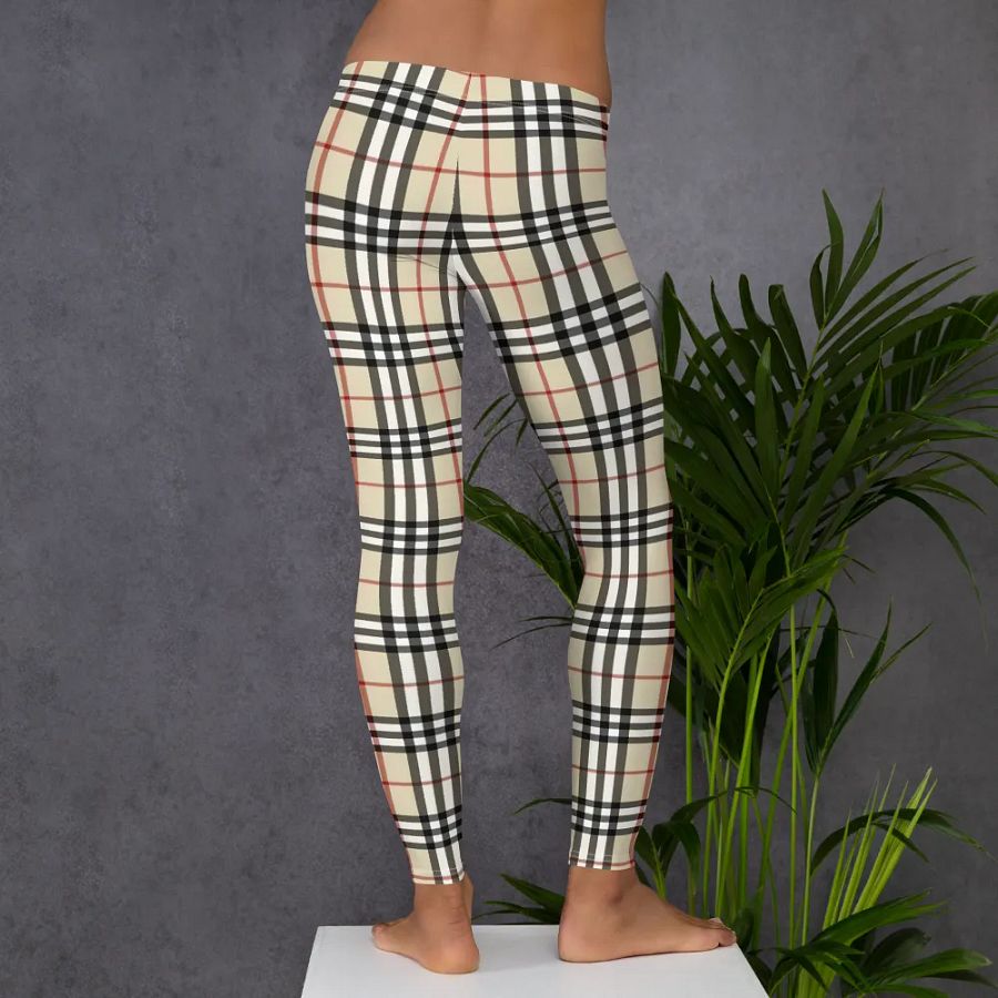 Classic Beige Plaid Leggings: Timeless Tartan Print Women's Fashion Pants product image (6)