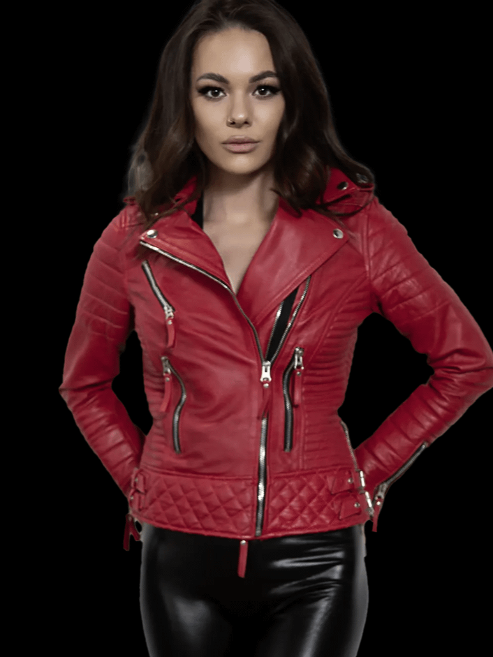 Ladies Quilted Red Leather Moto Jacket product image (3)