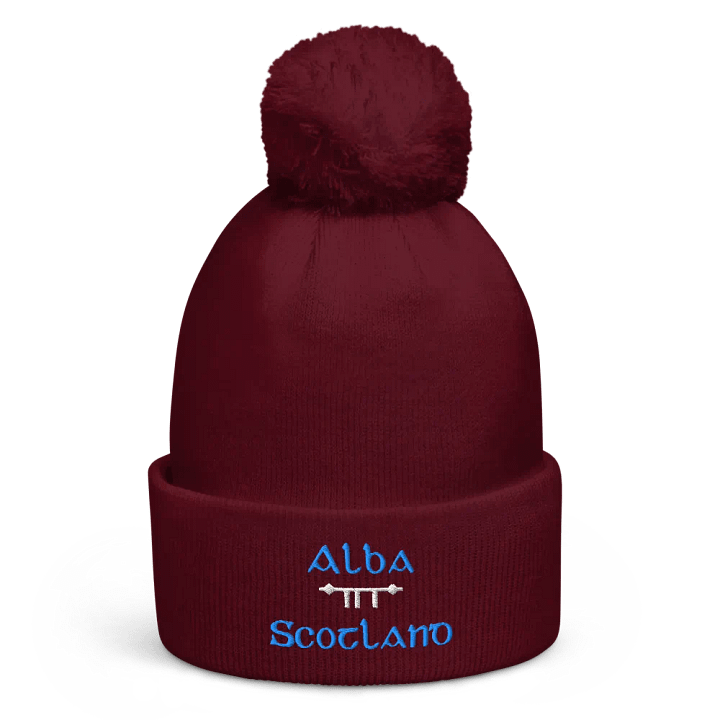 Scotland/Alba Scholastic style Ogham, Blue and white, embroidered Pom-Pom Beanie product image (3)