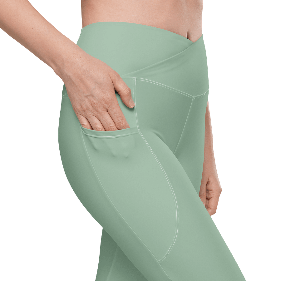 Plain Light Sage Green Soft Summer Women's High Waisted Premium Crossover Leggings with Pockets by Treasure Pie product image (10)