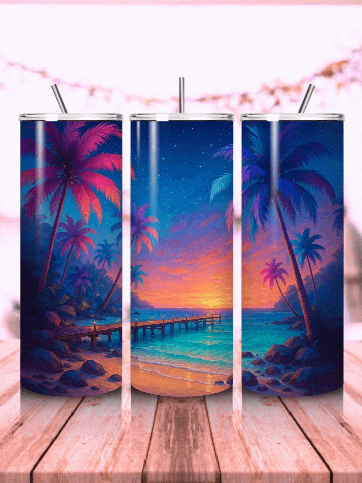 Tropical Beach Fantasy Tumbler Wrap PNG – 20oz Skinny Sublimation Design with Dreamy Palms & Sunset Magic – Mystical Island Aesthetic – 300 DPI Instant Digital Download product image (1)