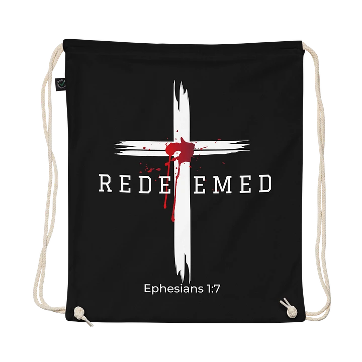 Redeemed by the blood of Jesus - Ephesians 1:7 Organic Cotton Drawstring Bag product image (1)
