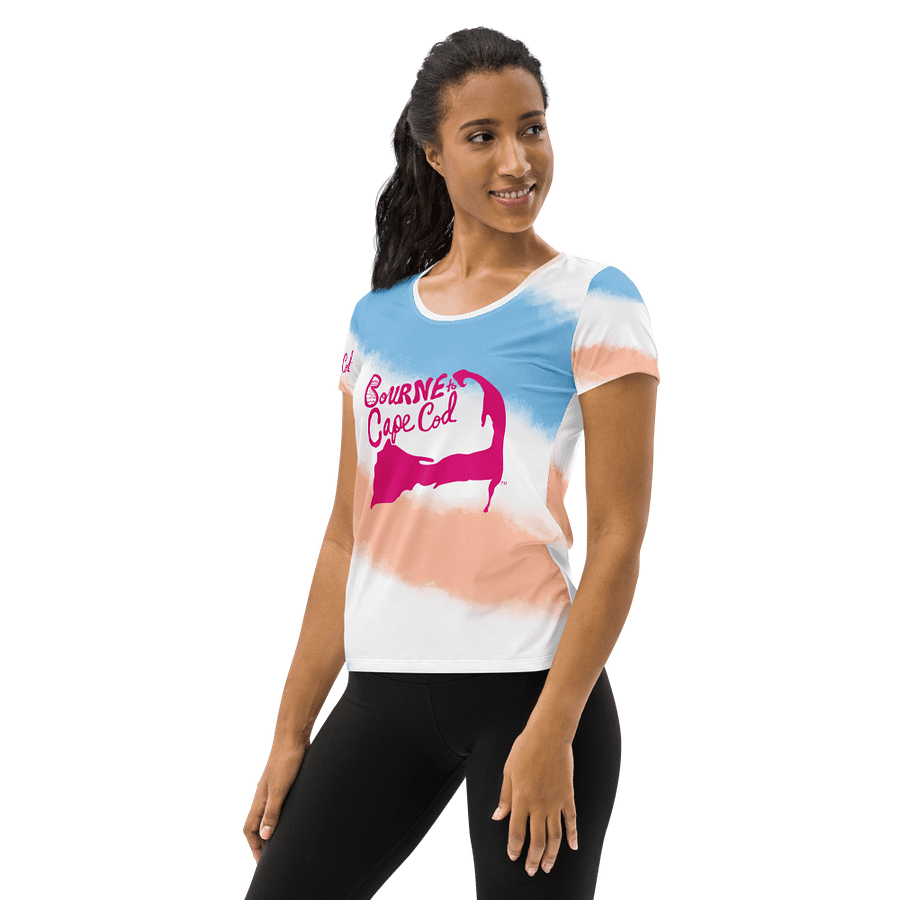 Women's | BOURNE to Cape Cod™ | Sporty Prep Tee ⚓️ | Athletic Style | Pink Logo on Diagonal Patriotic Pastels product image (3)
