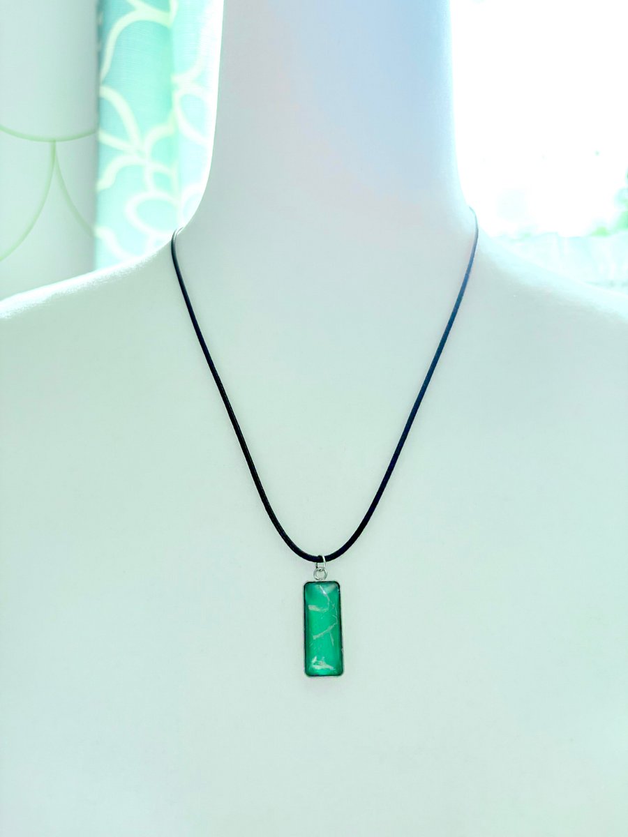 Electric Tide Pendant Necklace | Green & Silver Tones | Rectangle Cabochon | Monique Faella Designs™ | MFD-00141 product image (2)