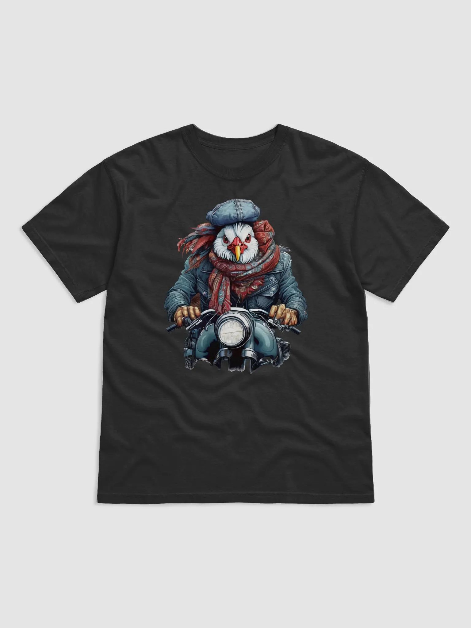 chicken wearing a jackets hat and a scarf on a motorcycle product image (1)