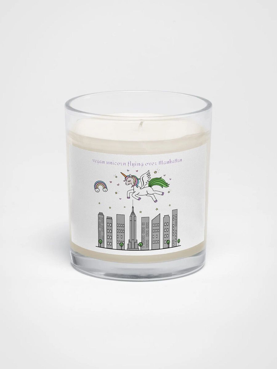 “Vegan Unicorn Flying Over Manhattan” Soy Wax Glass Jar Candle product image (1)