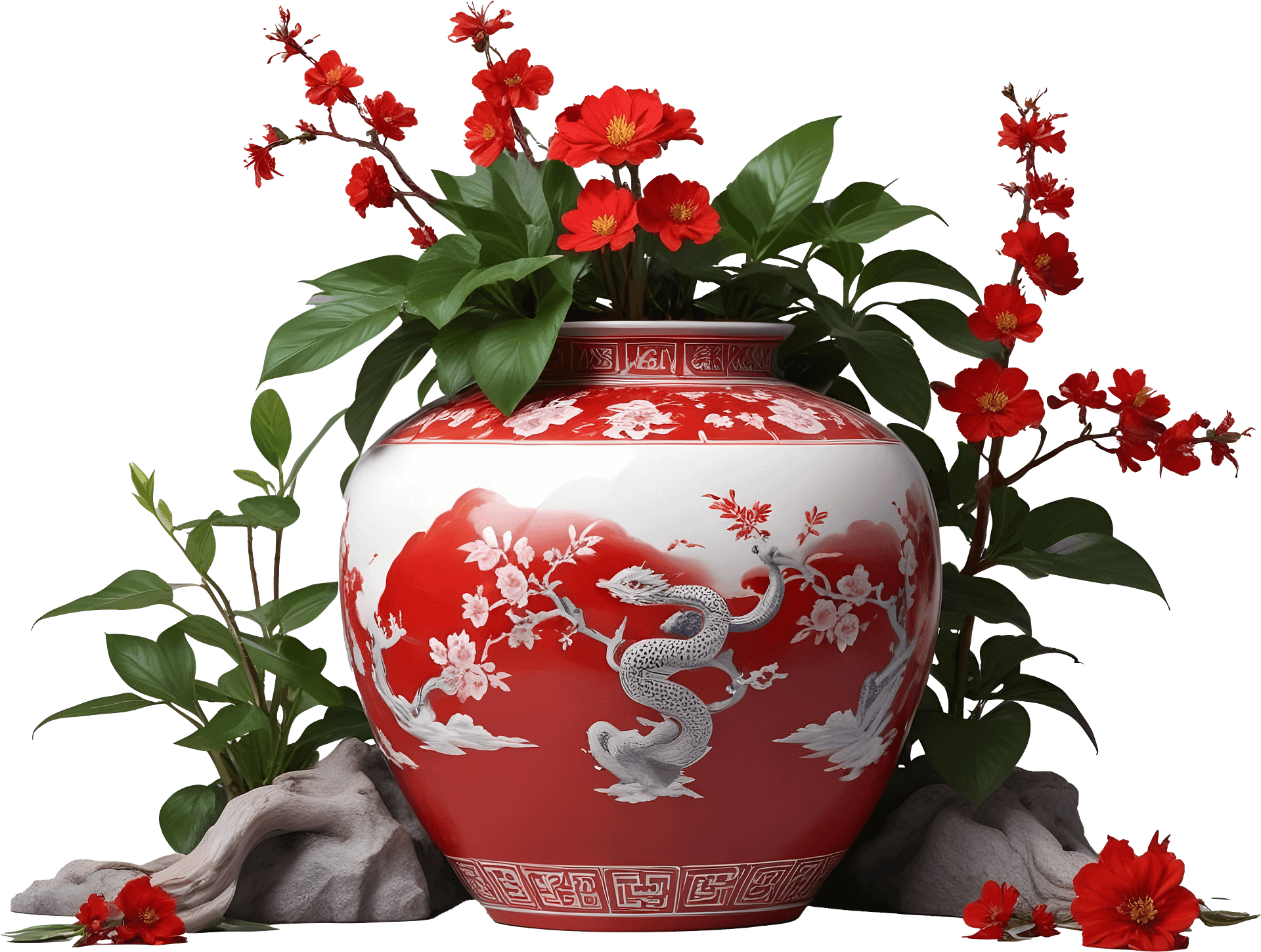 Chinese Red Porcelain Vase and wood – Year of the Serpent Design PNG product image (1)