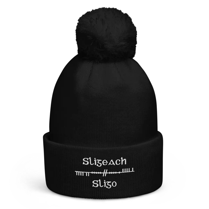 Sligo/Sligeach Scholastic style Ogham, black with white, embroidered Pom-Pom Beanie product image (1)