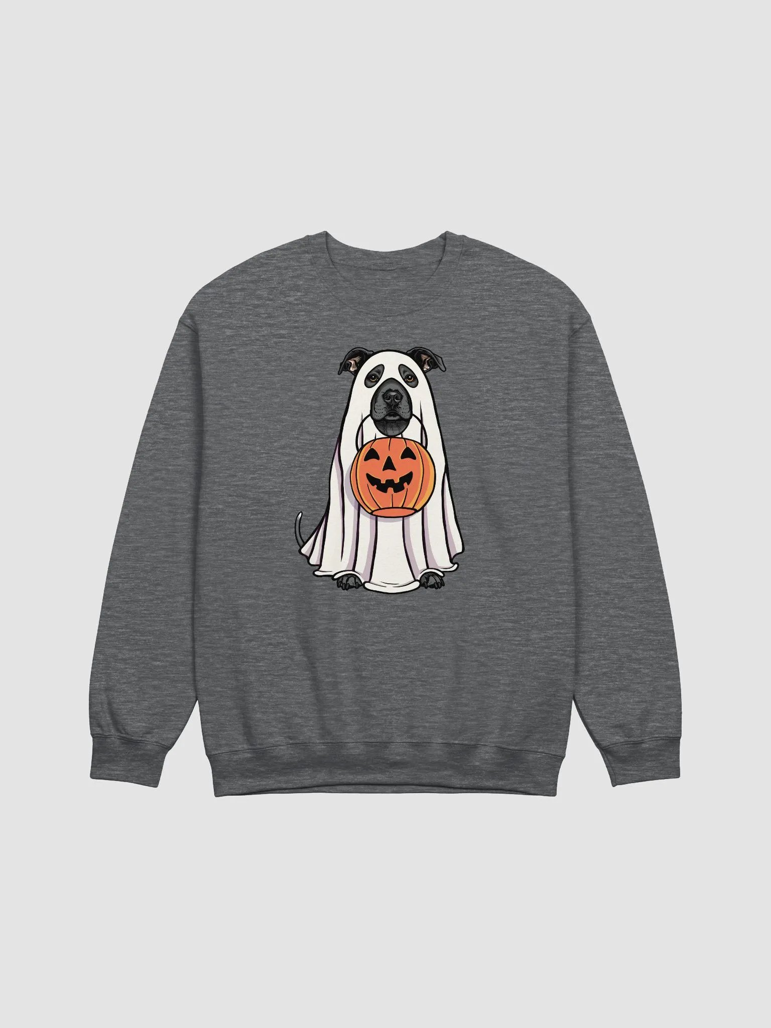 Funny Halloween Staffordshire Terrier(Blue) Sweatshirt | Funny Staffy Wearing a Ghost Costume and Holding a Pumpkin Basket product image (7)