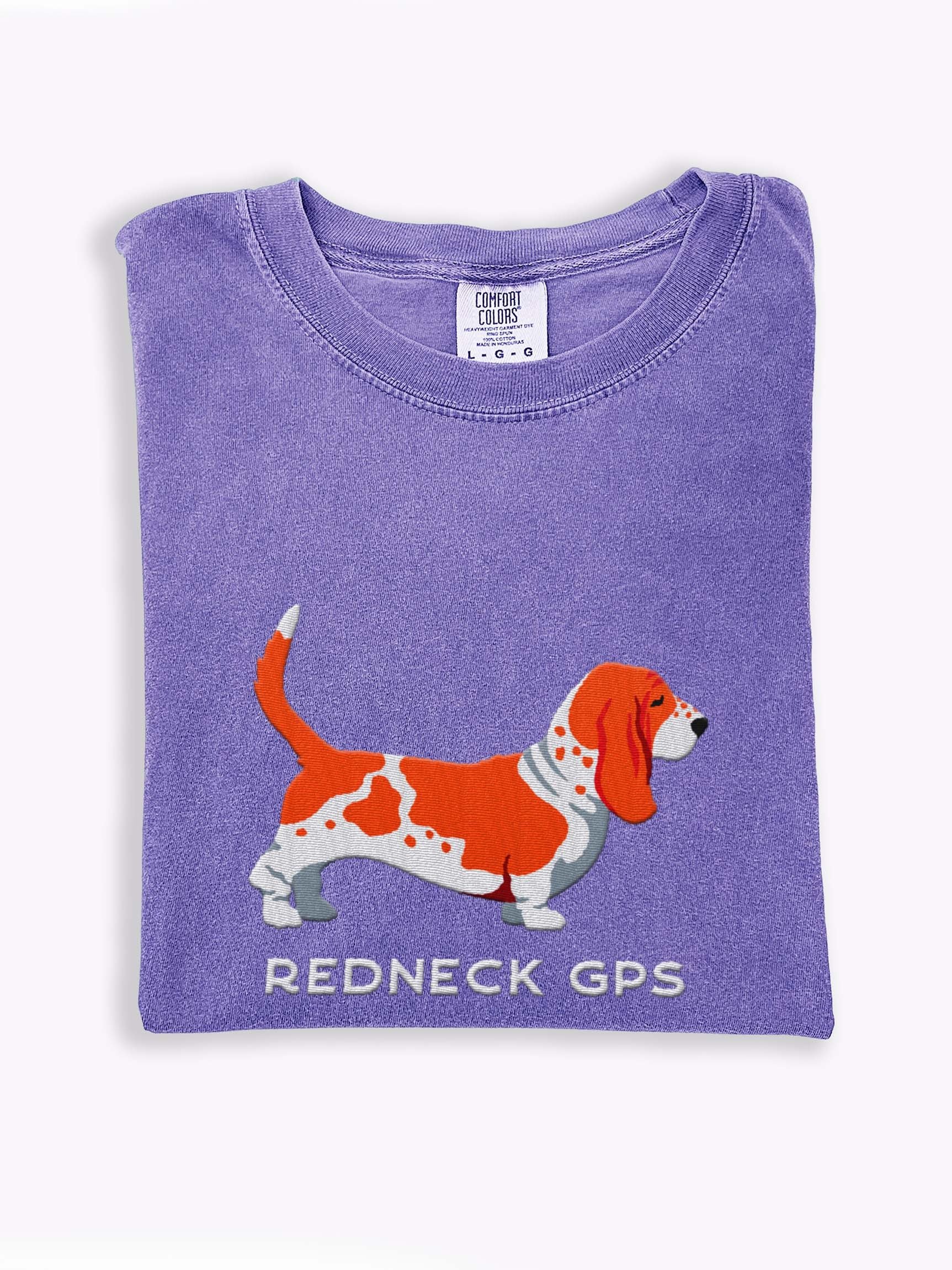 Redneck GPS T-Shirt(Embroidered) of a Basset Hound(Red & White) product image (1)