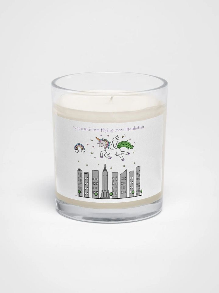 “Vegan Unicorn Flying Over Manhattan” Soy Wax Glass Jar Candle product image (1)