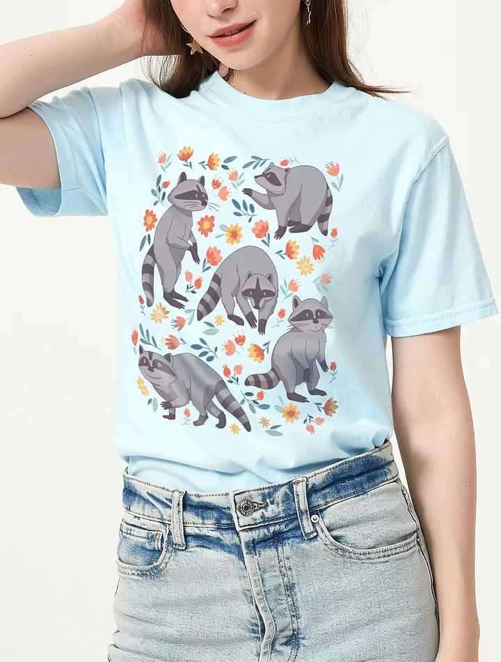 Raccoons and Flowers T-Shirt | Scandi Art-Inspired Cottagecore Design of Raccoons and Floral Elements product image (10)