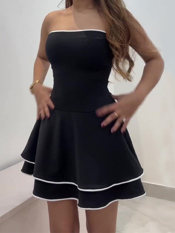 Black Sleeveless Dress Summer Spring Fashion Tube Ruffle Skirt With White Edge Mini Dress product image (1)