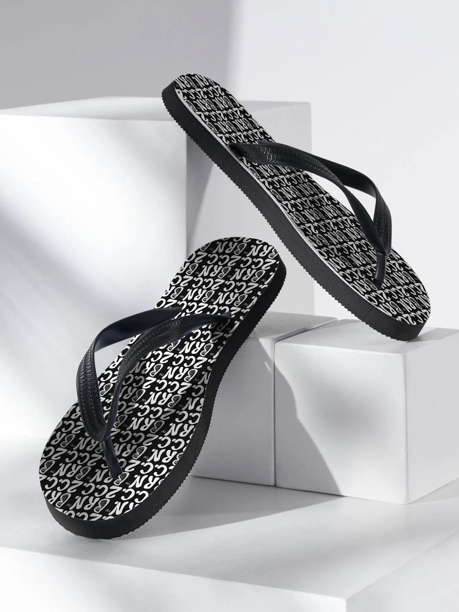 BOURNE to Flip Flop™ | Cape Cod Vibes for Your Soles | Mini BRN.2C.C. Logo Repeat Sandals | White Logo on Black product image (2)