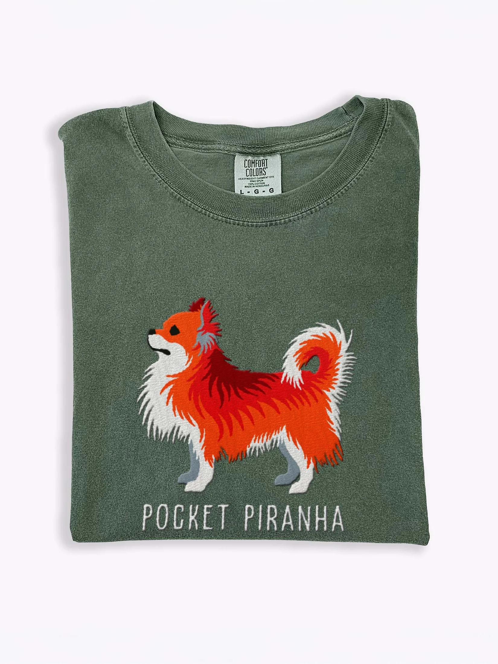Pocket Piranha T-Shirt(Embroidered) of a Longhaired Chihuahua(Red) product image (1)