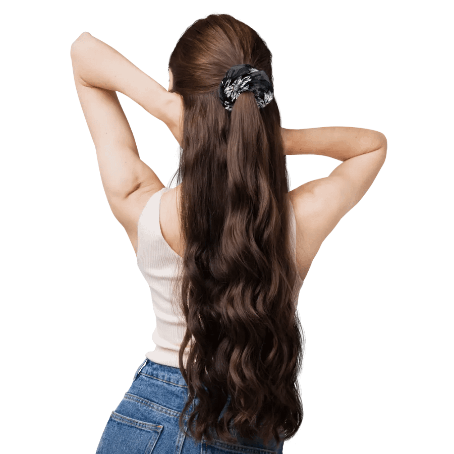 Hair Scrunchie - Painted Gray Flowers on a Black Background product image (11)