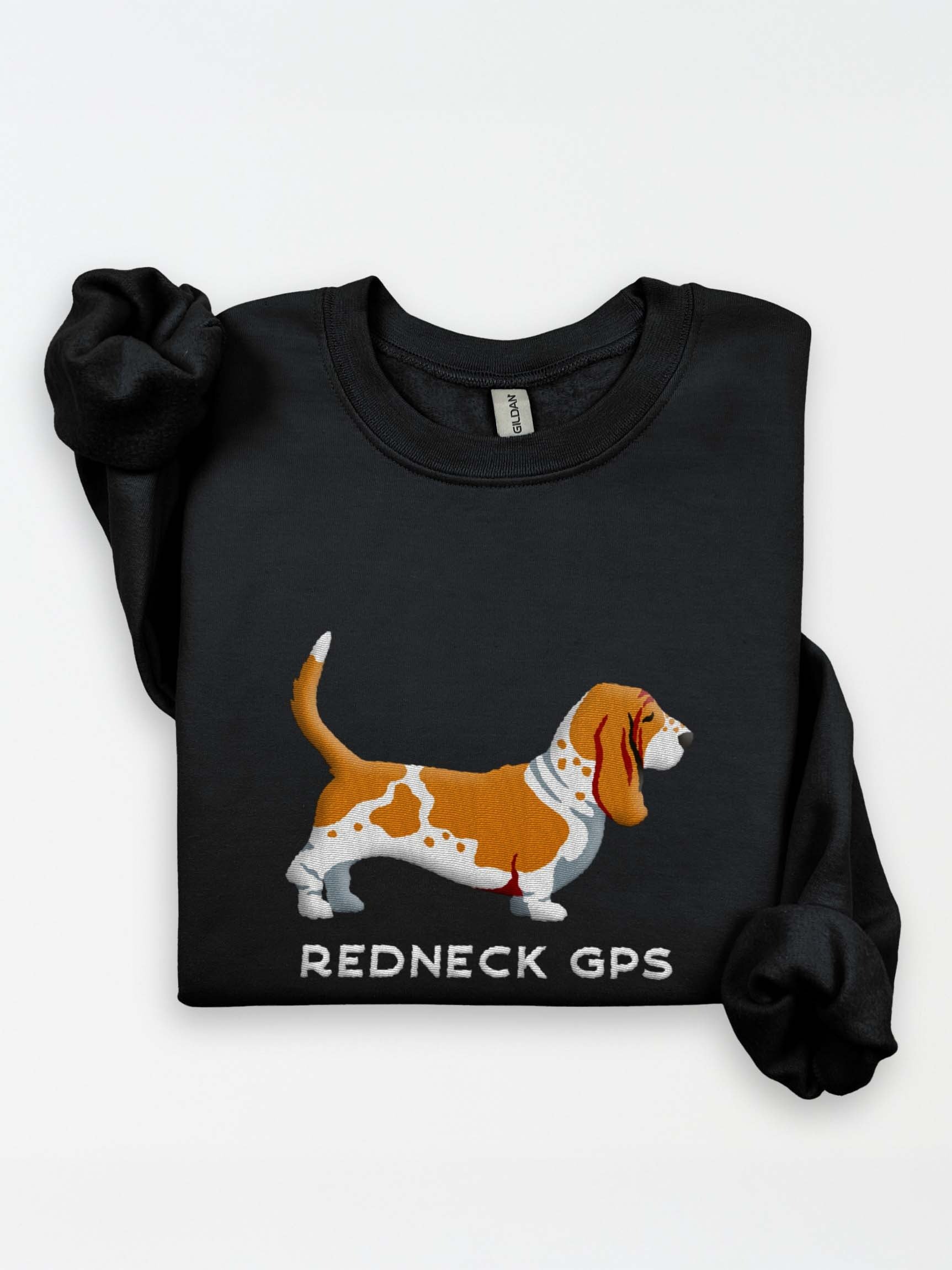 Redneck GPS Sweatshirt (Embroidered) of a Basset Hound(Tan) product image (1)