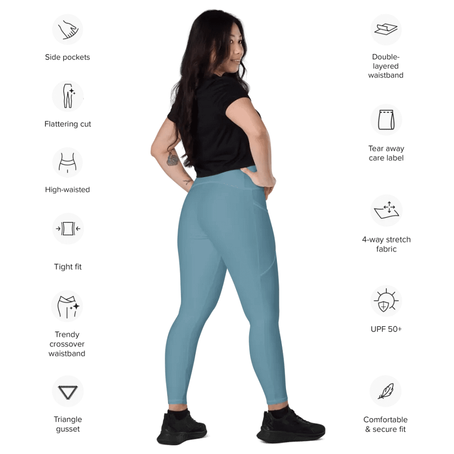 Plain Medium Light Blue Soft Summer Women's High Waisted Premium Crossover Leggings with Pockets by Treasure Pie product image (10)