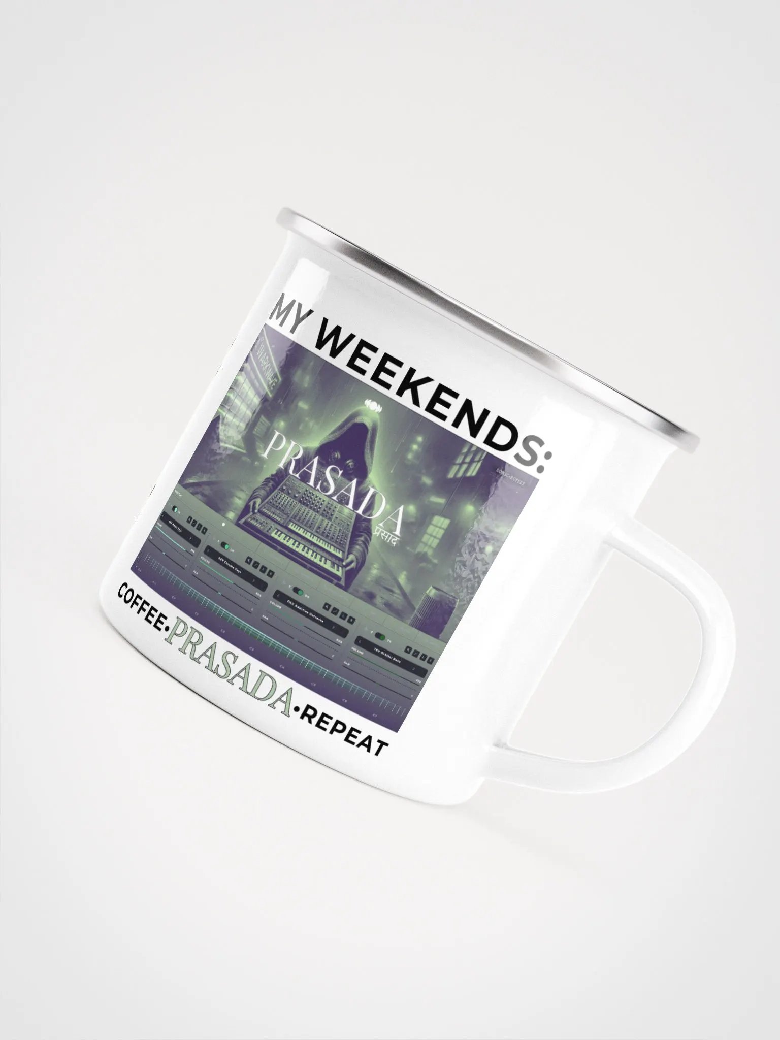 "My Weekends: Coffee, Prasada, Repeat" Enamel Coffee Mug product image (5)