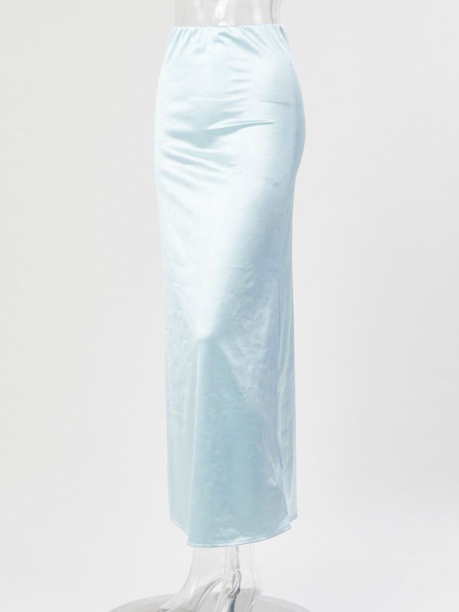 Wholesale high quality casual slight stretch solid color satin high waist maxi skirt product image (6)