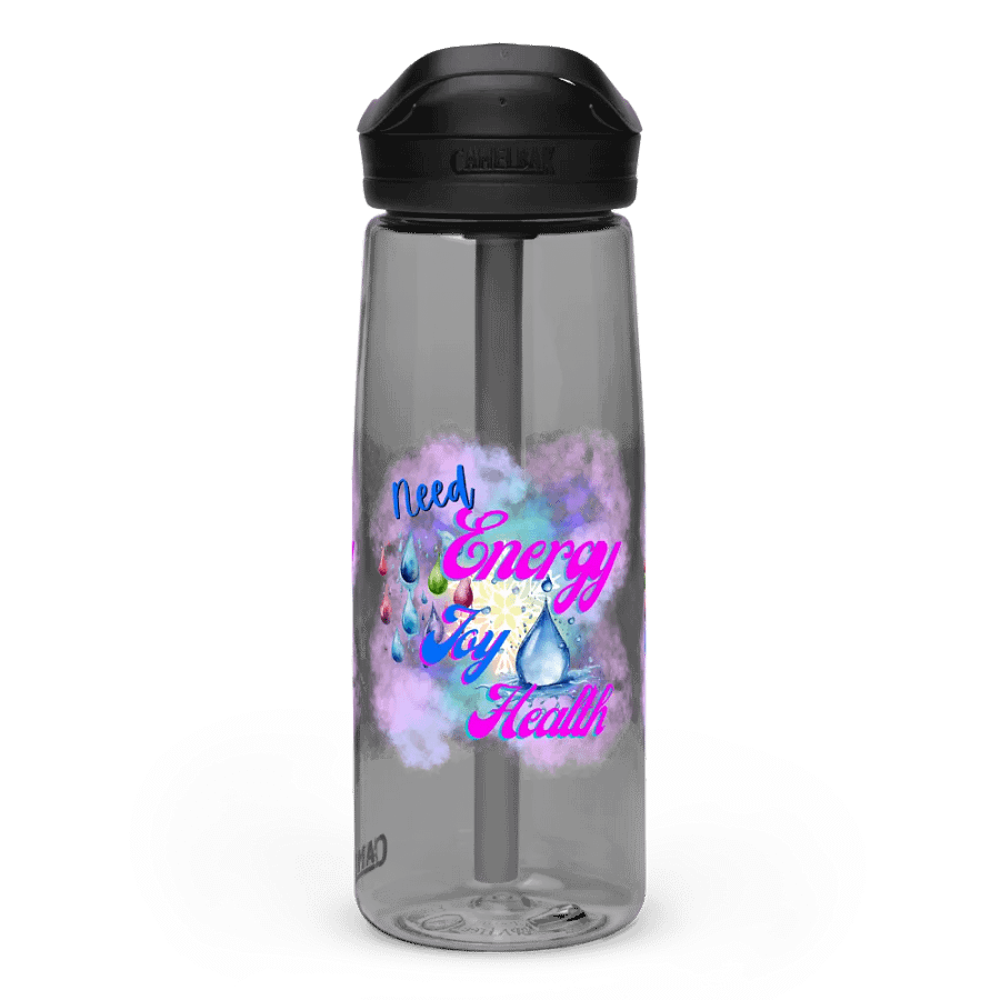 Camelback water bottle with beautiful swirly blue water  splash and drops design featuring ' Need  Energy Love Health