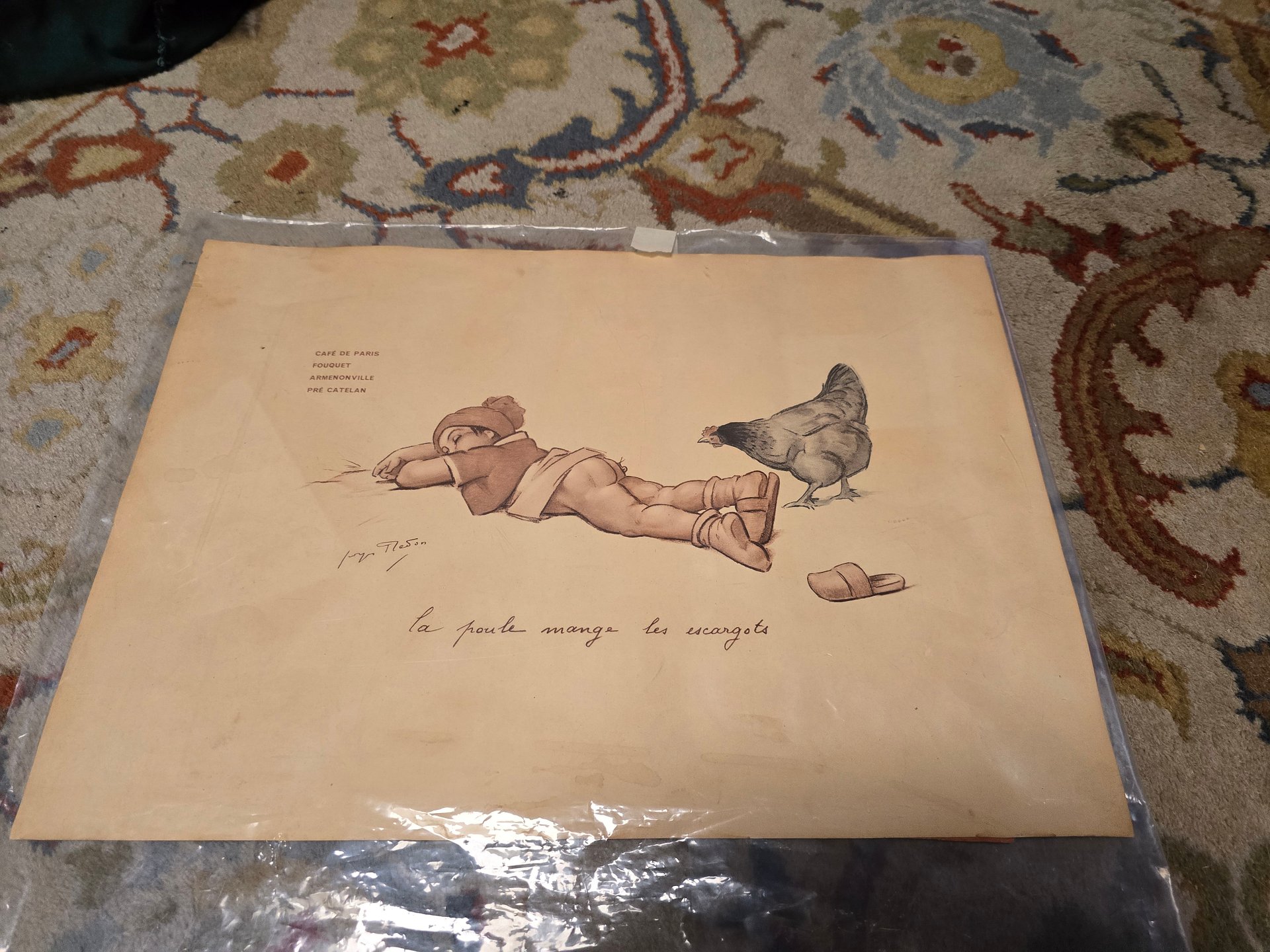 Georges Redon Lithograph 11-18-1953 Cafe De Paris La Poule Mange Les Escargot product image (2)