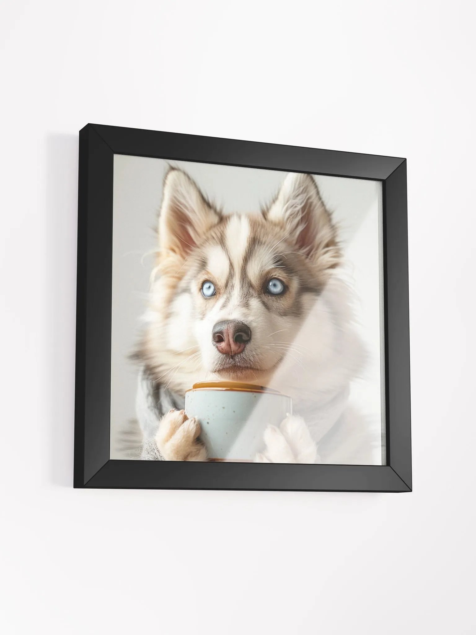 Cute Coffee Lover Blue Eyed Husky Dog Framed Wall Art product image (3)