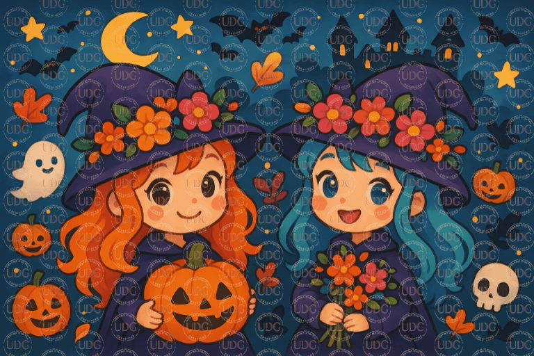 Cute Little Witches Halloween Tumbler Wrap PNG – Kawaii Fall Witch, Pumpkin, Ghost & Floral Hat Design for 20oz Skinny Tumblers product image (1)