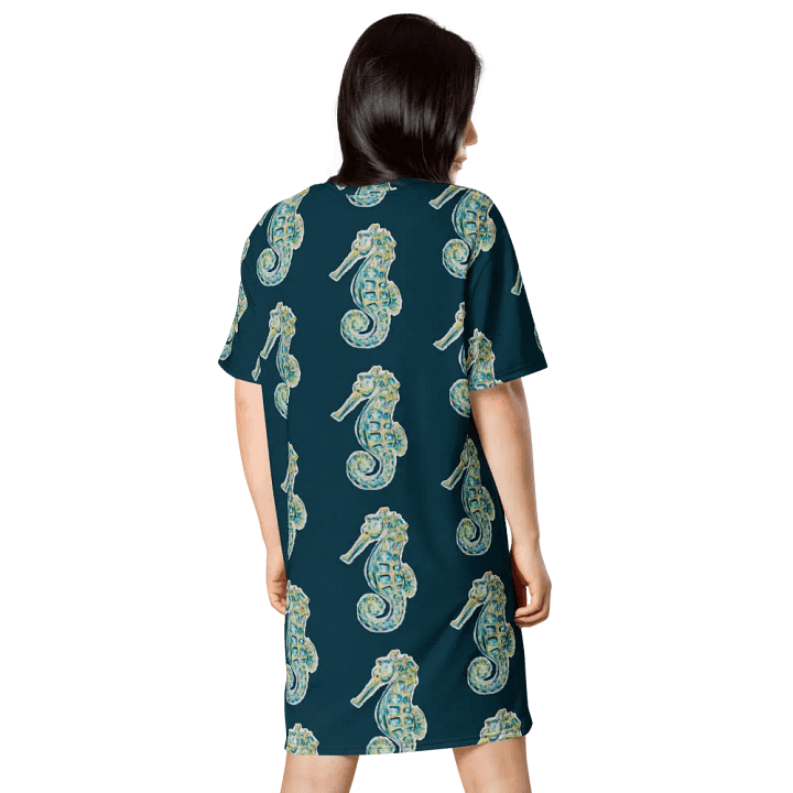 Women's | Ocean Majesty | Painted Seahorse | T-Shirt Dress | Coastal Oversized Dress | Ocean-Inspired Casual Style | Blue Whale Background product image (2)