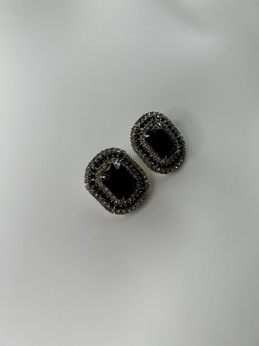 Vintage Silver Tone Crystal Black Clear Rhinestones Clip On Earrings product image (4)