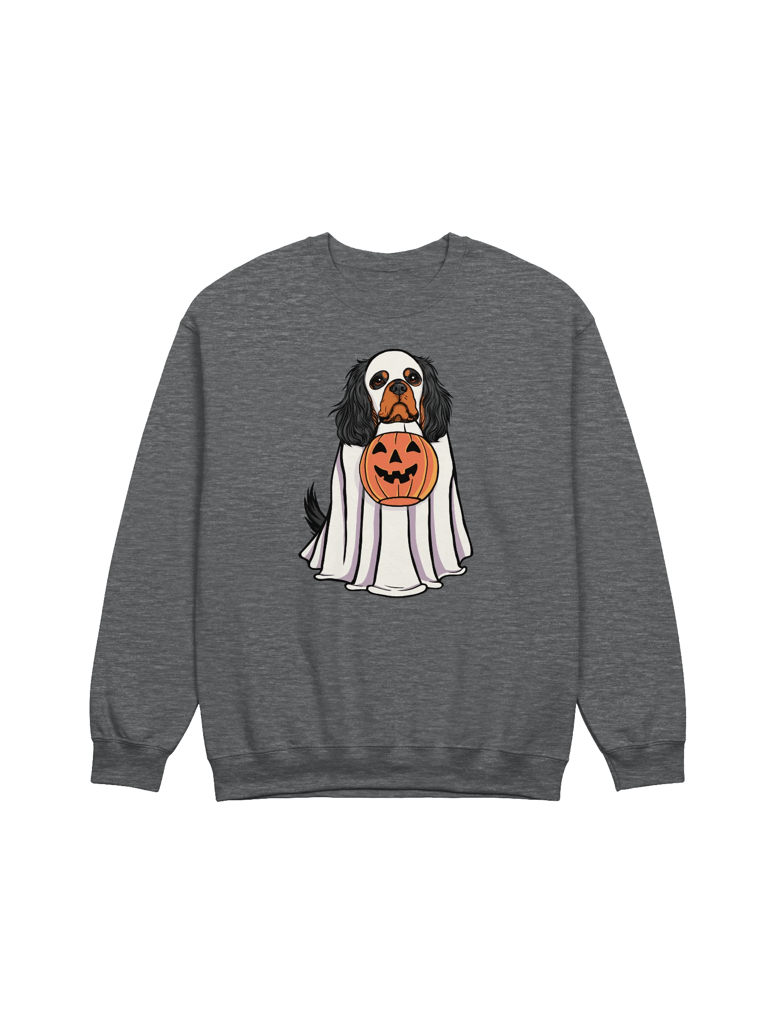 Funny Halloween Cavalier King Charles Spaniel(Black & Tan) Sweatshirt | Funny Cavalier Wearing a Ghost Costume and Holding a Pumpkin Basket product image (3)