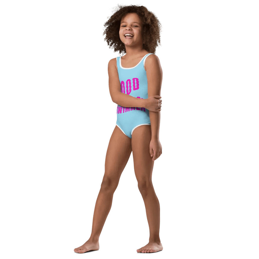 Good Swimmer Fuxia on Light Blue Kids Swimsuit product image (3)