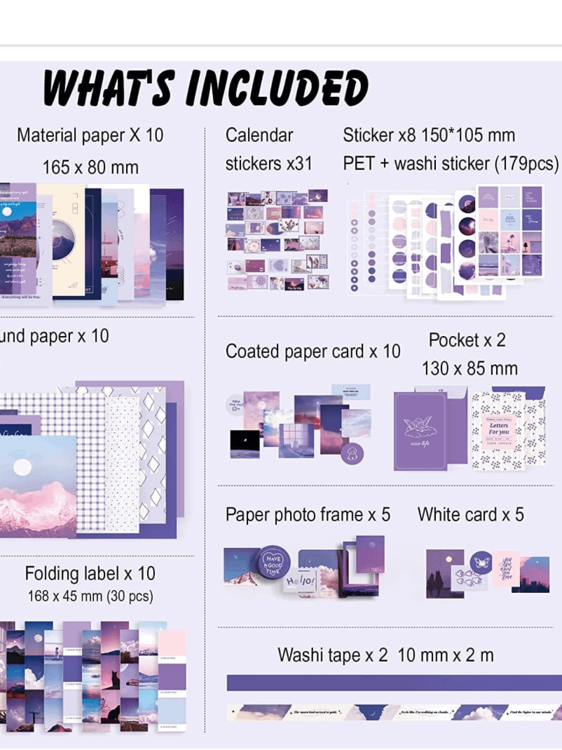 Scrapbook Kit, 346 Pcs, A6 Grid Notebook, Washi Stickers, Envelopes, Scrapbook Papers, Background Papers, Photo Frames, Calendar Stickers, Stickers (Moon Light, 10 Cm) product image (2)