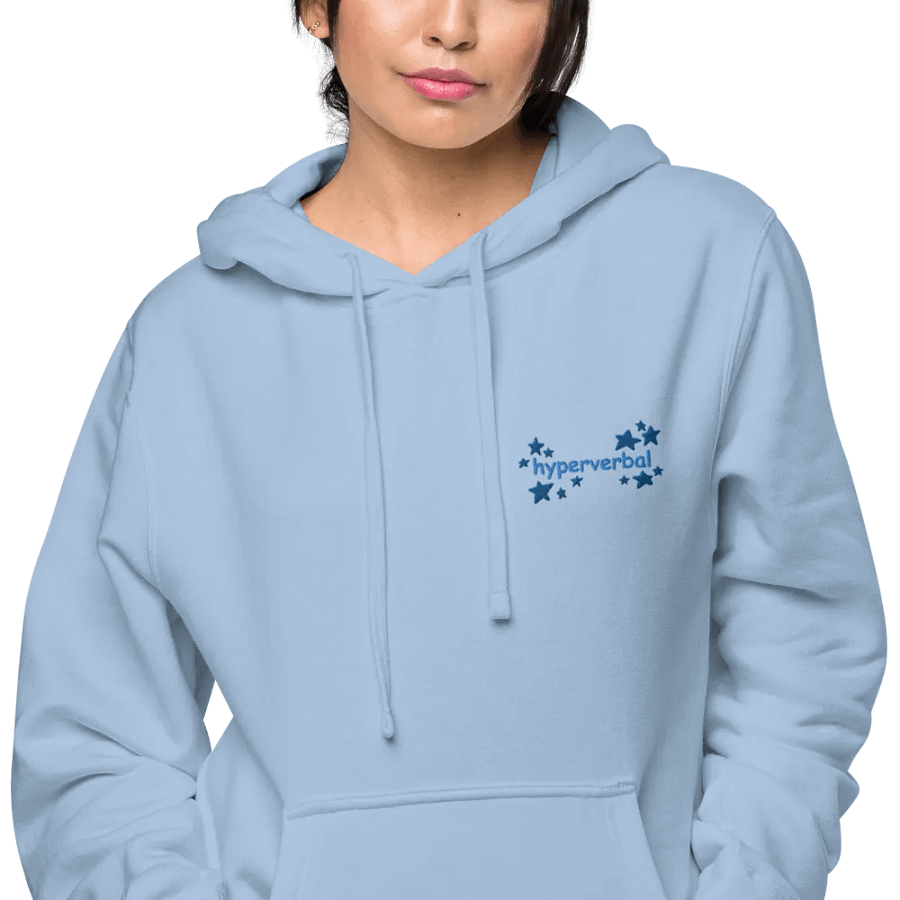 hyperverbal (L.C. comic sans with stars, duotone blue) embroidered pigment-dyed hoodie product image (3)