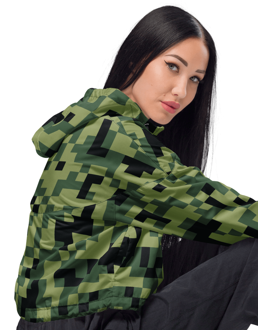 Military Green Camouflage Pixels Camo Pattern Women's Cropped Windbreaker product image (2)