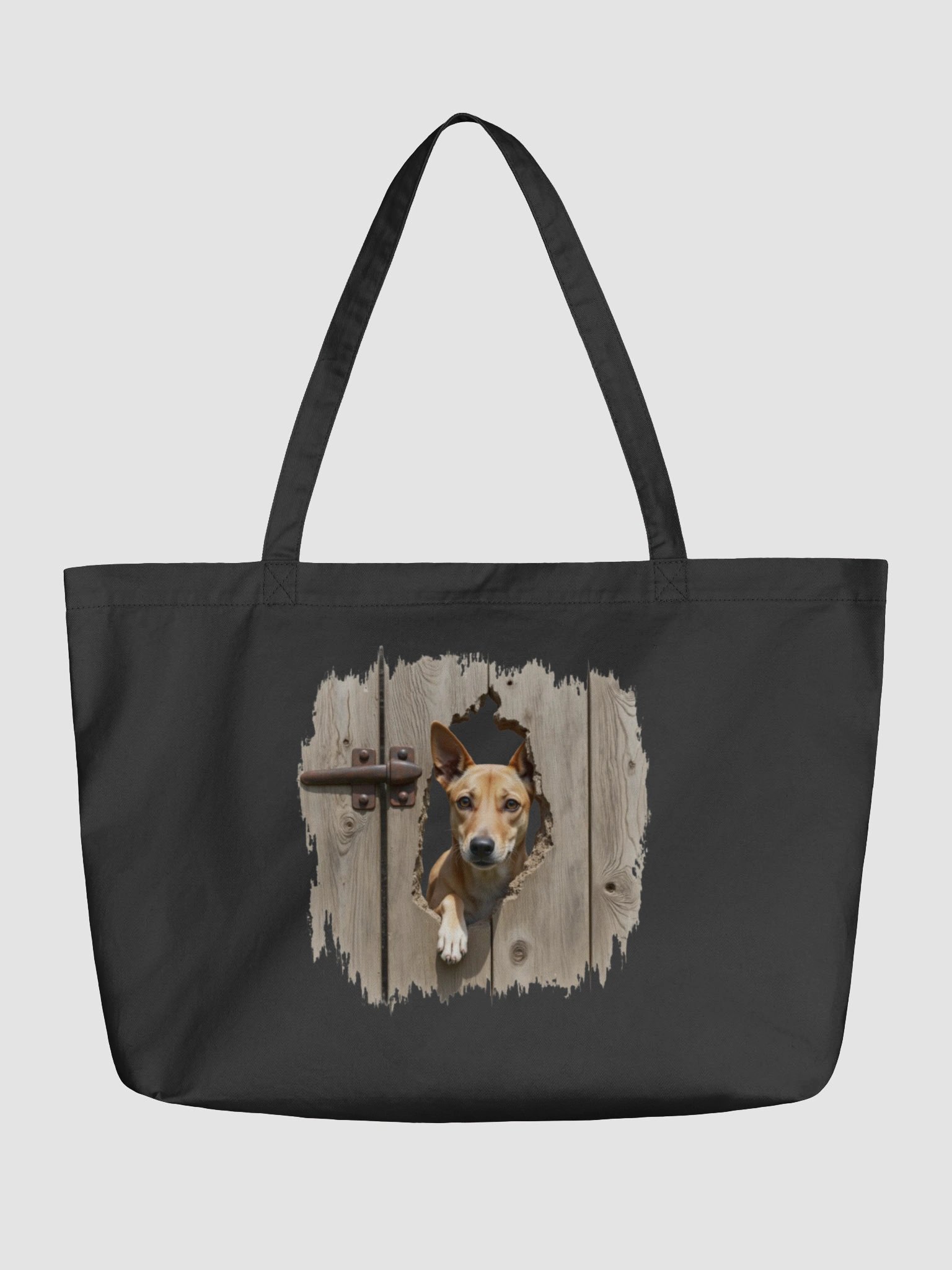 Potcake Peeking Through Rustic Wood Door Tote product image (1)